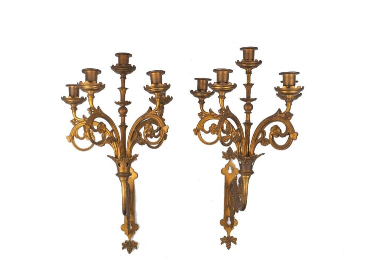A pair of gilt-bronze five-light wall appliques, first half 20th century, each with scrolling foliate bracket supporting conforming branches, 24cm high (2)
