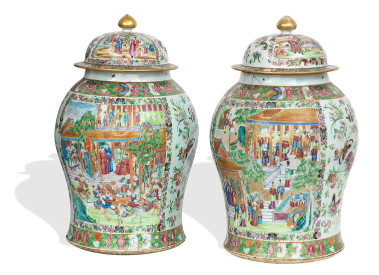 A pair of large famille rose Canton export temple jars with covers