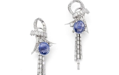A pair of sapphire and diamond pendant earrings