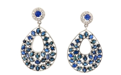 A pair of sapphire and diamond pendent earrings
