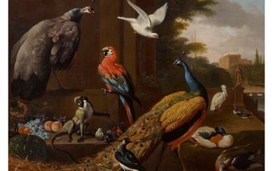 A peacock, a peahen, a monkey and other birds on a terrace, Follower of Melchior d'Hondecoeter