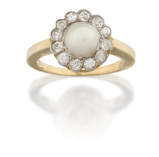 A pearl and diamond cluster ring, the central pearl within collet-set old-brilliant-cut diamond border, hoop stamped 750, approx. ring size N½ Please note that the pearl has not been tested for natural origin