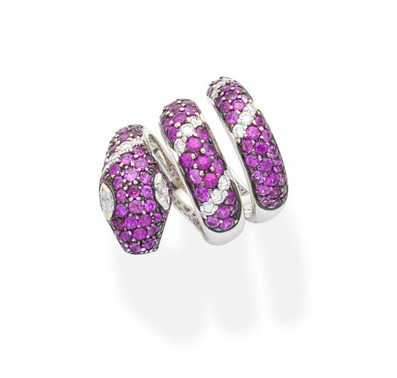 A pink sapphire and diamond serpent ring