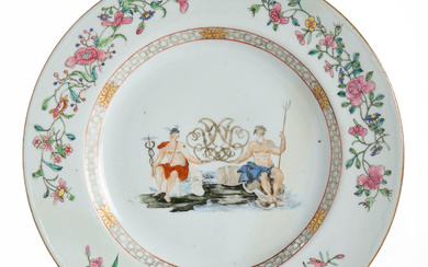 A porcelain dish, China, Qianlong (1736—1795), decorated with mirror monograms flanked by Poseidon and Hermes, panel decorated with roses and flowers in family rose and gilding.