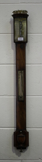 A rare George III Russian interest mahogany stick barometer, the silvered brass rectangular dial wit