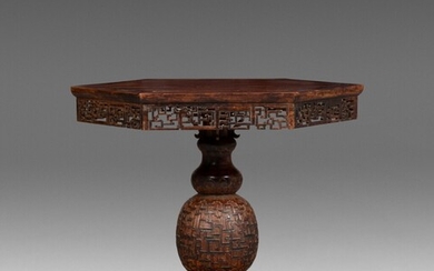 A rare hardwood archaistic centre table Qing dynasty, 18th-19th century | 清十八至十九世紀 木雕仿古紋六方桌