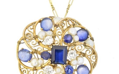 A sapphire, diamond and cultured pearl pendant