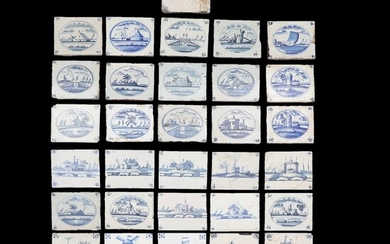 A selection of Dutch faience tiles, decorated in blue with landscapes. 18th-19th...