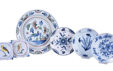 A selection of mostly English blue and white polychrome delft