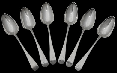 A set of six George III silver Old English pattern dessert spoons
