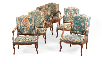 A set of six Louis XV beechwood armchairs, stamped J.B Lelarge | Suite de six fauteuils en hêtre d'époque Louis XV, estampillés J.B Lelarge