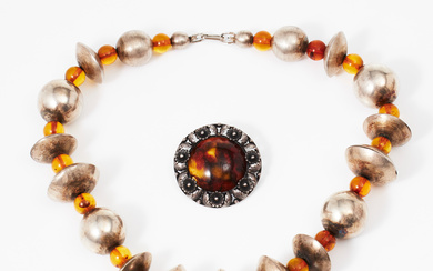 A silver and amber necklace and brooch, Denmark.