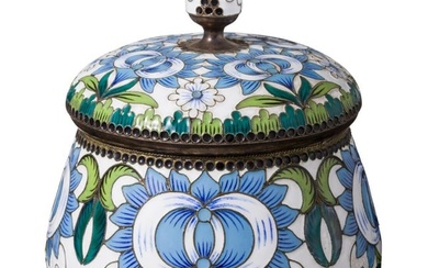 A silver-gilt and cloisonne-enamelled Soviet sugar box with cover, Leningrad, after 1958