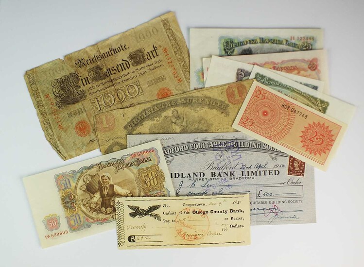 A small collection of banknotes and cheques