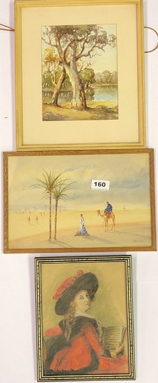 A small framed watercolour desert scene signed M. Preston together with a further watercolour and a pastel of a lady, largest framed size 31