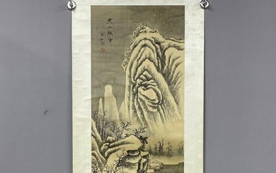A vertical scroll of Chinese ink landscape painting on silk, Yang Jin, Qing Dynasty, China