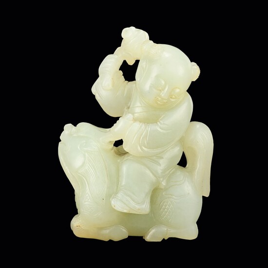 A white jade figure of a boy riding on a qilin Qing dynasty, Kangxi period | 清康熙 白玉麒麟送子