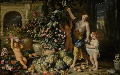 ABRAHAM BRUEGHEL AND NICOLA VACCARO | A YOUNG WOMAN PICKING FIGS WITH THREE CHILDREN IN A TERRACED GARDEN, WITH URNS OF CARNATIONS, MORNING GLORY, AND OTHER FLOWERS, AND BASKET OF GRAPES AND OTHER FRUITS NEARBY