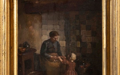 AMERICAN SCHOOL (Late 19th Century,), Mother and child in a kitchen., Oil on canvas, 12.5" x 10".