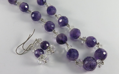 AN AMETHYST AND ROCK CRYSTAL NECKLACE AND PAIR OF EARRINGS