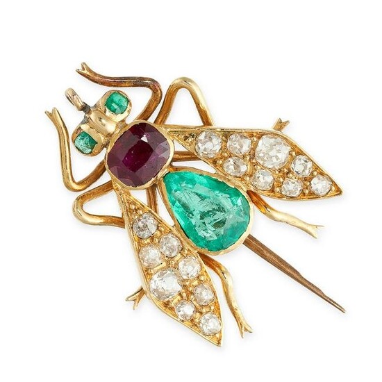 AN ANTIQUE EMERALD, RUBY AND DIAMOND FLY PIN BROOCH
