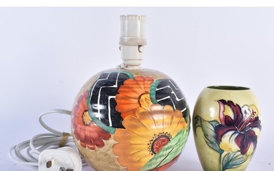 AN ART DECO POTTERY CROWN DEVON LAMP together with a Moorcro...