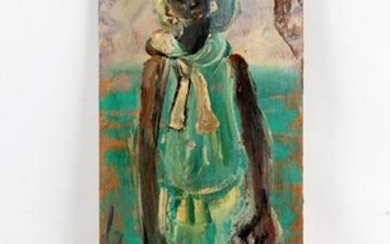 ANDREW TURNER "GIRL IN GREEN DRESS" OIL PLYWOOD