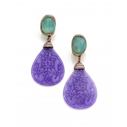 ANGELA PUTTINI Metal and gilt silver pendant earrings with glass pastes and a carved purple microcrystalline quartz, g 30.38 circa,...