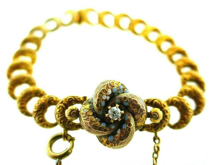 ANTIQUE 14k Yellow Gold, Enamel & Diamond Link Bracelet