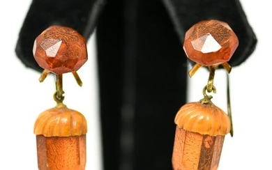ANTIQUE CARVED AMBER ACORN EARRINGS