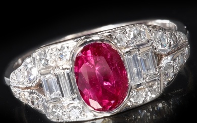 ART-DECO RUBY AND DIAMOND RING. High carat gold. Gemstones t...