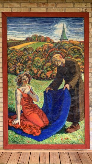 NOT SOLD. Aage Søeborg Ohlsen: Scenery with monk and young woman. Signed Å Søeborg Ohlsen 1945. Oil on canvas. Frame size 175 x 115 cm. Framed. – Bruun Rasmussen Auctioneers of Fine Art