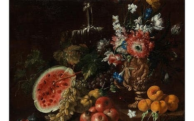 Abraham Brueghel, 1631 – 1690, FRÜCHTESTILLLEBEN MIT BLUMEN UND FONTAINE