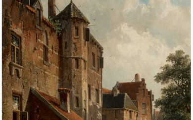 Adrianus Eversen (1818-1897), View of a sunlit Dutch street scene