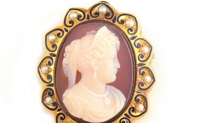 Agate Cameo, Cultured Pearl, Enamel, 14k Yellow Gold