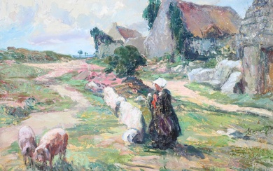 Albert FERNAND-RENAULT (1887-1939) "Jeune bretonne devant la ferme, Morbihan", Huile sur toile signée en bas...