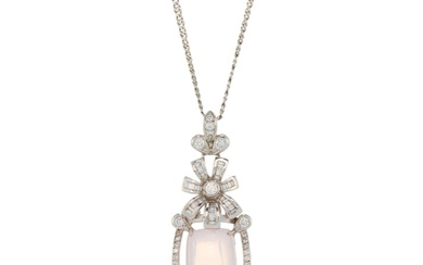 An 18ct gold rose quartz and diamond floral pendant, with ch...