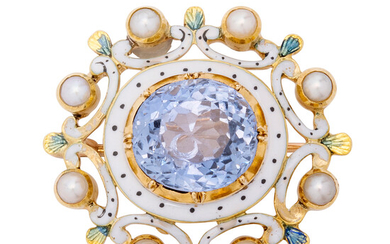 An Antique Sapphire, Seed Pearl, Enamel and Gold Brooch, circa 1890