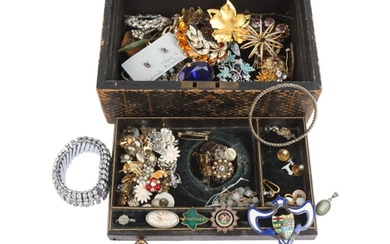 An Antique jewellery box containing various silver and costu...