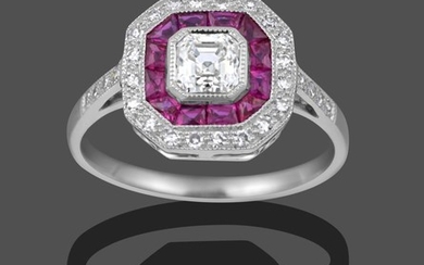 An Art Deco Style Ruby and Diamond Cluster Ring, the...