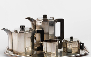 An Art Deco-period silver-plated metal coffee and tea-service. Consisting of a coffee-, tea-, sugar
