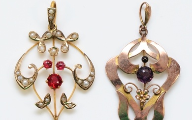 An Edwardian 9ct gold , red paste and half pearl set openwor...