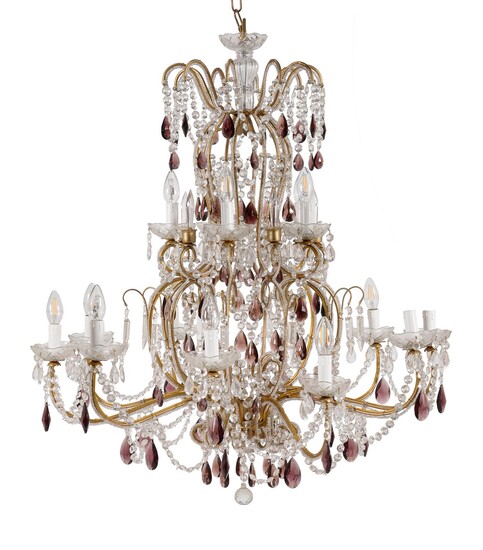 An Italian gilt metal and clear and amethyst glass mounted fifteen light chandelier