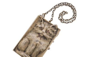 An early 20th century cat-form silver gilt minaudière, the rectangular...