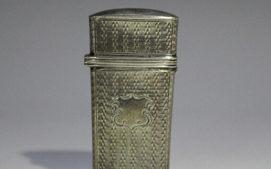 An early Victorian silver étui of engine turned flattened tapering rectangular form, the hinged