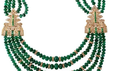 An emerald and diamond necklace, composed of five graduated rows of polished emerald beads measuring from approximately 4.8 to 11 mm, accented with brilliant-cut diamond set roundels and a pair of shield-shaped plaques, each of geometric design set...