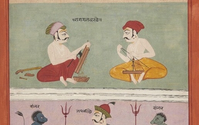 An illustration from an unusual Ragamala Series, India, Gujarat, circa 1800, Raga Gajadhar, opaque pigments on wasli paper, with two carpenters seated above and a prince holding a trident in each hand, flanked by a monkey on either side, with black...