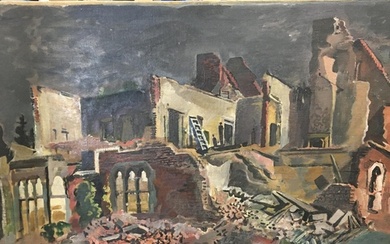 An unframed mid 20th century oil painting study of bombed Wo...