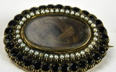 Antique 19th C 14k Gold Garnet Pearl Mourning Pin