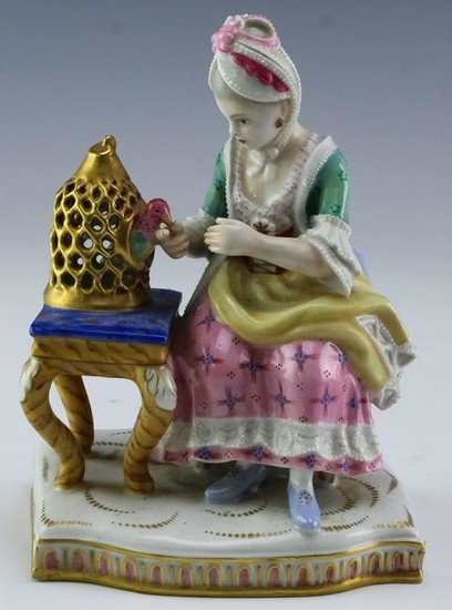 Antique Capodimonte Porcelain Woman & Caged Bird